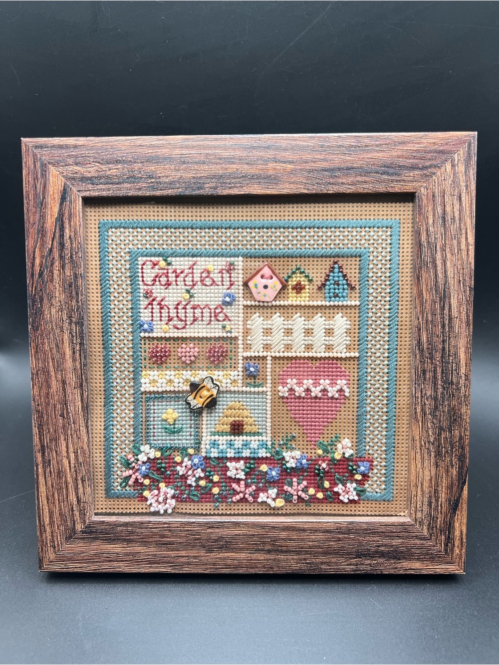 Vintage Mill Hill Garden Thyme beaded cross stitch Wall Decor Framed Cottagecore